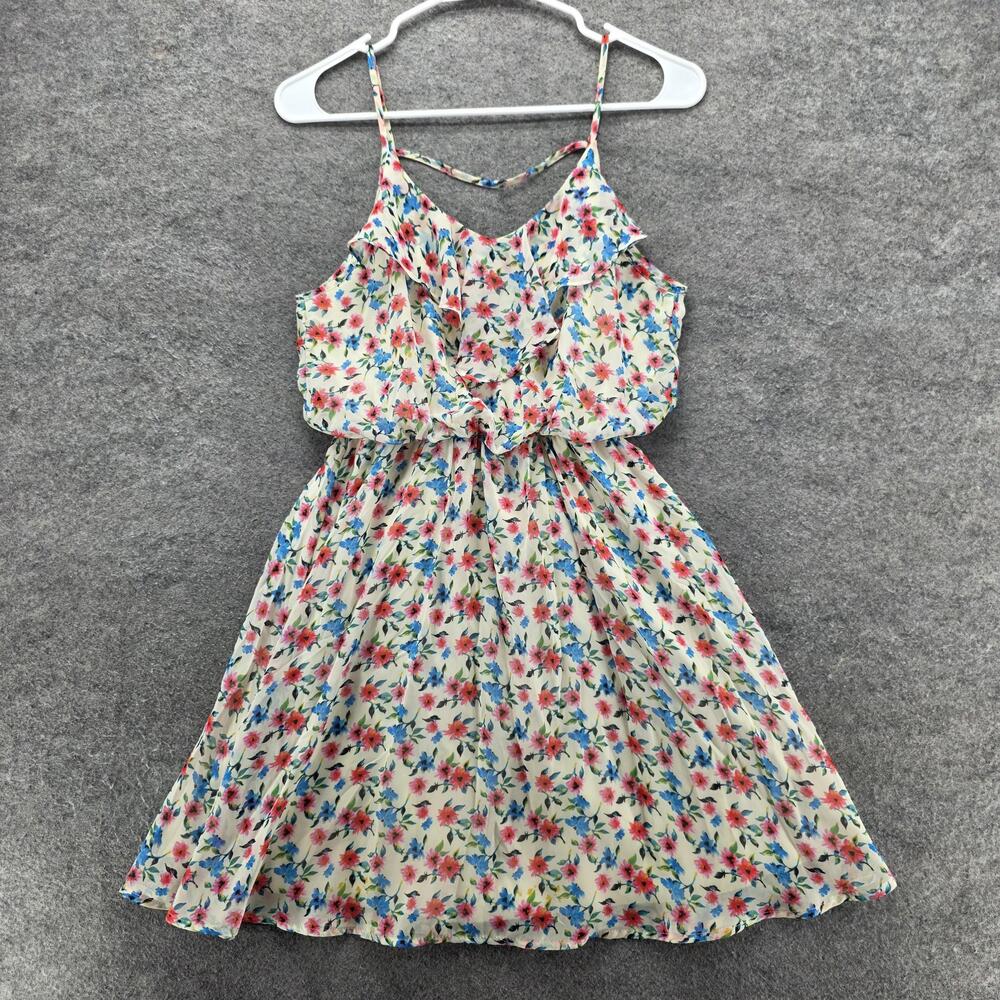 LUSH Dress Womens Small Cream Floral Spaghetti Strap Fit & Flare Lined Sundress